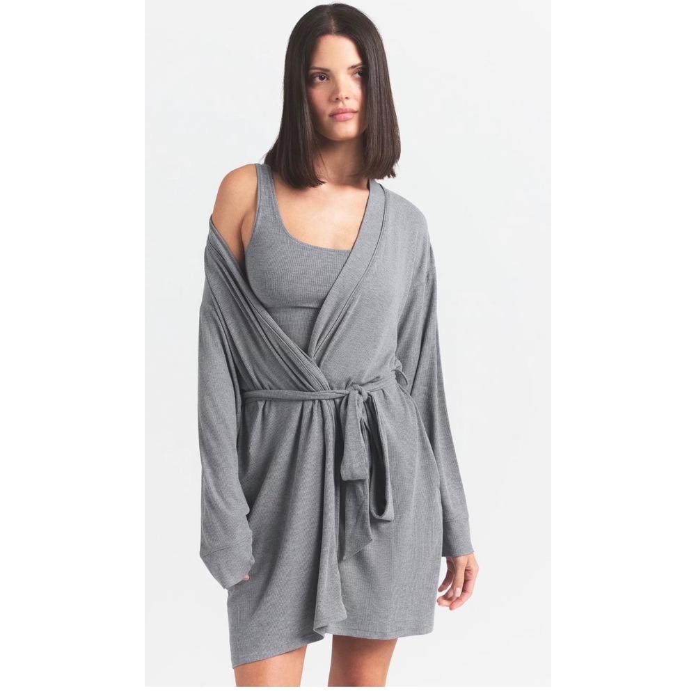 SKIMS Ribbed Short Robe Light Green Sage Modal Spandex Size Medium